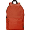 An orange backpack with a simple design, featuring a front pocket and adjustable straps. It has a logo on the side.