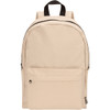 A beige laptop backpack with a front pocket, black zipper, and dual shoulder straps. It features a logo on the side.