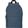 A dark blue laptop backpack with a simple design and front zip pocket, featuring shoulder straps and a top handle.