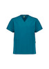 A turquoise unisex V-neck scrub top featuring short sleeves and multiple pockets. The top has a brand logo.