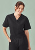A unisex black V-neck scrub top featuring short sleeves and a pocket, suitable for medical uniforms.