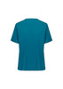 A teal women's scrub top with short sleeves and a V-neck design, featuring side slits and a branding logo.