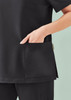 A black women's V-neck scrub top featuring a side pocket and a comfortable fit.