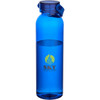 A drink bottle made of recycled plastic, featuring a blue colour and a logo. Holds 630 ml of liquid.