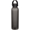 A drink bottle made from recycled plastic, featuring a smoky grey colour and a black handle. It has a logo.