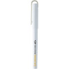 A white gel rollerball pen, featuring a clip and logo, with a sleek design.
