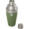 A green recycled stainless steel cocktail shaker with a silver top and lid, featuring a logo.