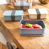 A set of three rectangular lunch boxes in blue, cream, and grey, with a grey strap, containing watermelon slices.