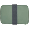 A green lunch box with a grey elastic strap, featuring a sleek, rectangular design and a minimalist style.