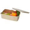 A beige lunch box containing a sandwich, tomato, cucumber, and capsicum, with a lid partially open.