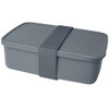 A grey lunch box with a sturdy strap, featuring a rectangular shape and a secure lid. It includes a logo.