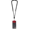 A black phone lanyard with a red attachment holding a phone case securely. The lanyard is adjustable.