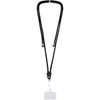 A black phone lanyard featuring a clip attachment and metallic ends, designed for holding devices securely.