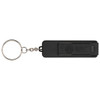 A black keychain with a rectangular body and a circular attachment ring. It features a logo on one side.