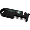 A multi-purpose kitchen tool in black with a logo, featuring a peeling blade and a finger grip design.