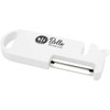 A white multi-purpose kitchen tool with a peeler and a logo.