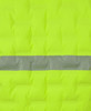 A bright yellow puffer vest featuring a grey striped band across the centre and a logo.