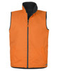 An orange reversible vest with a black interior, featuring a zip front and side pockets. It has a logo.