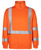 High-visibility orange fleece jumper featuring reflective stripes, designed for safety wear. Includes a zip collar and a pocket.
