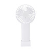 A white handheld fan with a circular grille and a simple stand. It features a branding logo.