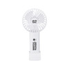 A portable white fan with a circular head and a handle, featuring a branding logo.