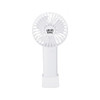 A portable white fan in a standing position with a circular grille, featuring a logo on the front.