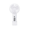 A portable white fan with a floral design and text, featuring a sleek, compact body. It has a built-in stand.