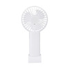A portable white fan with a circular design, featuring a base for stability. It includes a logo on the front.