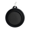 A black collapsible bowl with a carabiner attachment, featuring a circular design and smooth surface.