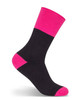 A pair of black work socks with a pink cuff and toe, featuring a branding logo.