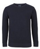 A navy blue knitted crew neck jumper with ribbed texture and long sleeves. It features a logo on the inner neck.