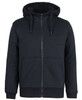 A navy blue full zip hoodie featuring a sherpa-lined hood and front pockets. The hoodie has a branding logo.
