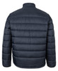 A puffer jacket in dark navy, featuring a quilted design and a high collar, with a logo on the back.
