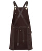 A brown canvas apron with brass eyelets and PU straps, featuring an adjustable crossback design and a side pocket.