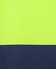 A high visibility polo shirt featuring a bright yellow upper section and a navy blue lower section, with branding.