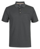 A dark grey polo shirt made from recycled polyester, featuring a pocket and a logo on the chest.