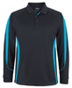 A long-sleeve polo shirt in black with turquoise side panels and a collar, featuring a logo.