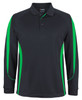 A black long-sleeve polo shirt featuring green side panels and a collar, with a logo on the chest.