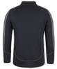 A black long-sleeve polo shirt featuring contrasting grey details and a logo on the back.