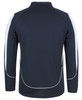 A long-sleeved navy polo shirt with contrasting white accents and a logo on the back.