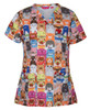A colourful scrub top featuring a vibrant array of animal faces in various styles and accessories, with a logo.