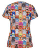 A colourful women's scrub top featuring a whimsical print of various animal faces. The design has multiple vibrant hues.