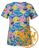 A colourful scrub top featuring playful emoji patterns in blue, pink, and yellow. It has a logo.