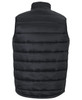 A black puffer vest with a padded design, featuring a high collar and no sleeves. It has a logo on the back.