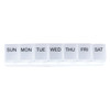 A white weekly pill organiser with compartments labelled for each day of the week. It features a simple branding logo.