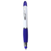 A ballpoint pen with a blue tip and grip, featuring a white barrel and a silver clip, includes branding.
