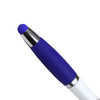 A ballpoint pen with a blue rubber grip and a silver clip, featuring a white barrel and a branding logo.