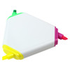 A triangular highlighter with pink, yellow, green, and orange tips, featuring a white body and a logo.