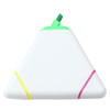 A triangular highlighter in white with green, yellow, and pink accents. It has a logo on one side.