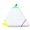 A triangular highlighter with green, yellow, and pink ends, featuring a white body and a logo.